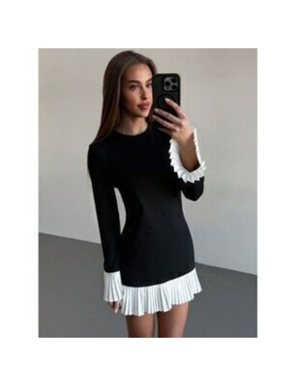 Short Black Dress White Skirt Cuff Pleated Trim Long Sleeve - Picture 3 of 3
